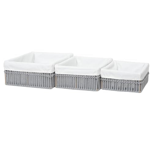 Cotton Rope Storage Baskets (Set of 3) - Hand Woven Organizing Basket with Removable Liner & Iron Frame, Decorative Shelf Storage for Closet & Bedroom (Gray) - color: Gray