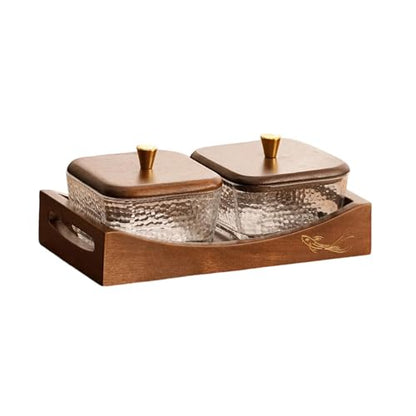Divided Serving Tray with Lid, Made of Glass and Wood, Snack Bowl with Compartments for Fruit, Nuts, and Sweets. and Practical for Kitchen, of, 2 Compartments - size: 2 Compartments