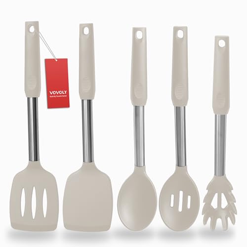Silicone Spatula and Cooking Spoon,5 Pack Non-Stick Cooking Utensils for Kitchen，Heat Resistant Solid & Slotted Spoons and Spatulas, Stainless Steel Handle Coated with Silicone, Khaki - color: Khaki