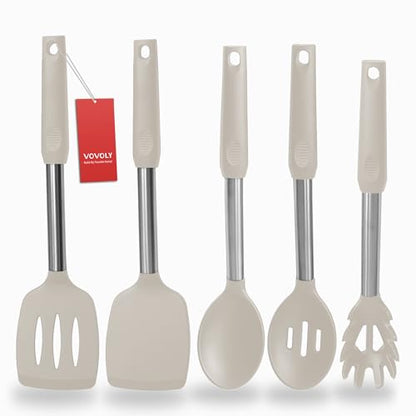 Silicone Spatula and Cooking Spoon,5 Pack Non-Stick Cooking Utensils for Kitchen，Heat Resistant Solid & Slotted Spoons and Spatulas, Stainless Steel Handle Coated with Silicone, Khaki - color: Khaki