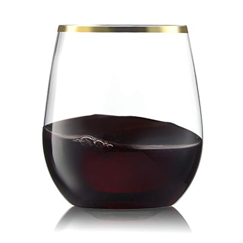32 Pack Stemless Plastic Wine Glasses Disposable 12 Oz Gold Rim - Shatterproof Recyclable and BPA-Free, Stylish Drinkware for all Beverages, Cocktail Parties, Wedding Reception - color: Clear / with Gold Rim