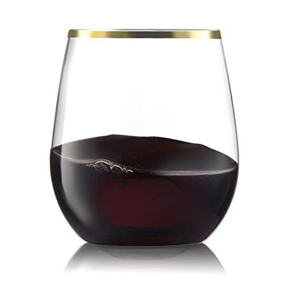 32 Pack Stemless Plastic Wine Glasses Disposable 12 Oz Gold Rim - Shatterproof Recyclable and BPA-Free, Stylish Drinkware for all Beverages, Cocktail Parties, Wedding Reception - color: Clear / with Gold Rim
