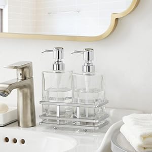 Square Glass Clear Lotion and Soap Pump Dispenser Set with Metal Stand Caddy for Bathroom Bath Kitchen Home Office Travel Hotel Hand Crafted Heavy Weight Chrome - color: Chrome