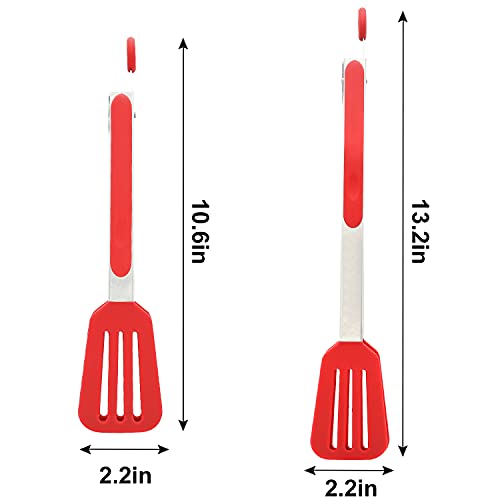 Cooking Tongs 9" and 12" Stainless Steel Kitchen Silicone Serving Tongs | Heat Resistant Meat Turner Spatula Tong Fish Tongs for Grilling Steak Salad Pasta Buffet Serving (Red) - color: Red, size: 9 & 12 inch