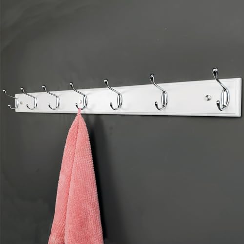 Wooden Wall Mounted Coat Rack – 35 Inch, White with 7 Silver Hooks for Entryway, Hallway, Bedroom - size: Long-35.4in(90cm),7 Silver Hooks, style: Modern