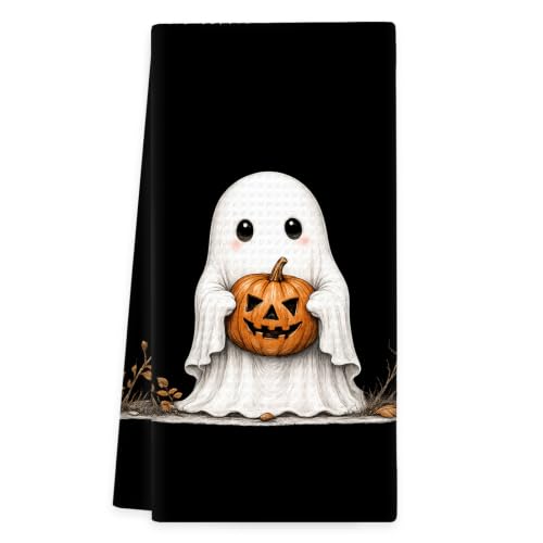 Ghost Halloween Kitchen Towels, Fall Spooky Cute Ghosts Hand Towels | Ghost Pumpkin Black Dish Tea Towel for Kitchen Decorative, Autumn Spooky Halloween Bathroom Kitchens Decor, 16x24In - color: Ghost-1