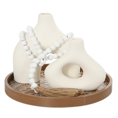 4 Pcs Boho Tabletop Centerpieces Decor Set Rustic Country Boho Hollow Ceramic Vase Round Decorative Tray Wood Bead Garland for Room Coffee Table Home Kitchen Counter Decor (White) - color: White