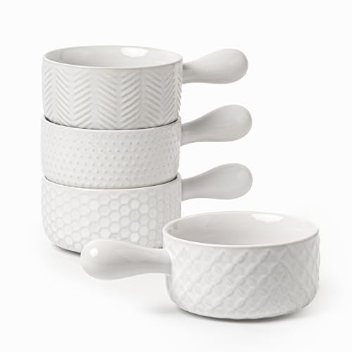 FOBENTA 20oz Ceramic Soup Bowls with Handle, Set of 4,Textured Embossed Stoneware for Chili, Stew, Cereal,Microwave & Dishwasher Safe, Rustic Dinner Bowls for Home Kitchen - size: 20 OZ-Single Handle