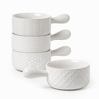 FOBENTA 20oz Ceramic Soup Bowls with Handle, Set of 4,Textured Embossed Stoneware for Chili, Stew, Cereal,Microwave & Dishwasher Safe, Rustic Dinner Bowls for Home Kitchen - size: 20 OZ-Single Handle