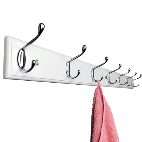 Wooden Wall Mounted Coat Rack – 35 Inch, White with 7 Silver Hooks for Entryway, Hallway, Bedroom - size: Long-35.4in(90cm),7 Silver Hooks, style: Modern