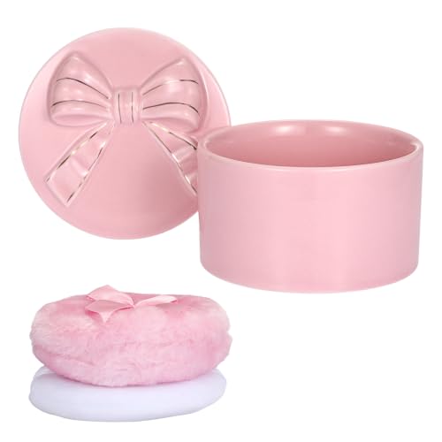 ELLDOO Body Powder Puff and Container, Wedding Bridal Shower Gifts (Pink) | Ceramic Loose Dusting Powder Storage Box with 2pcs Powder Puffs for Baby Women, Jewelry Trinket Box with Bow Lid - color: Pink