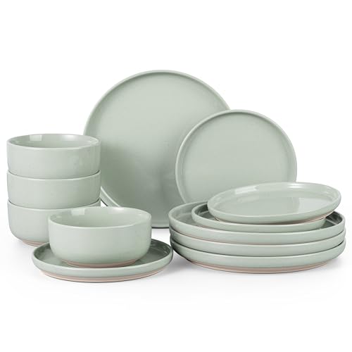 HaWare Dinnerware Sets, 12Pcs Plates and Bowls Set for 4, Asparagus Green - color: Speckled Asparagus Green, size: 12pcs for 4