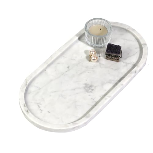 Marble Vanity Tray Organizer - 9.8"x5" Italy Natural Stone Decorative Tray，Jewelry, Perfume & Candle Display Tray，Bathroom Vanity, Dresser Top, Nightstand Decor - color: White