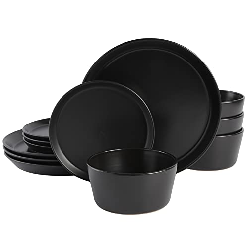 Gibson Soho Lounge Sofia Coupe 12-Piece Stoneware Dinnerware Set, Service for 4 – Black Plates and Bowls - color: Black, size: Service for 4 (12pcs)
