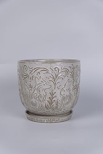 Ceramic Flower Pot, 8 Inch, White Vintage Glaze with Water Tray, Fox and Rabbit Forest, Original Design, Single Pack (White, 8 inch) - color: White, size: 8 inch