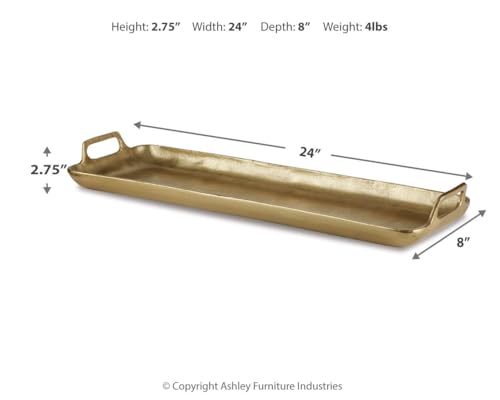 Signature Design by Ashley Posy Rectangle Gold Decorative Metal Tray | Sturdy 4 lb cast aluminum, Elegant goldtone finish, Ideal for coffee table styling, Organizing, Modern home decor