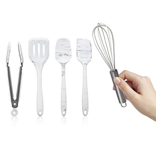 COOK WITH COLOR Silicone Cooking Utensils, Kitchen Utensil Set, Easy to Clean Silicone Kitchen Utensils, Cooking Utensils for Nonstick Cookware, Kitchen Gadgets Set, Mini, Marble White - color: Marble White, size: Mini