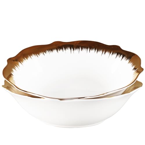 Rimmed Soup Plates, Pasta Bowls, Golden light pattern White Salad Bowl Set of 2, 27.0 Oz Porcelain Wide Rim Bowls, Best for foodies and restaurants (Salad Bowls, 9.0 Inch) - color: Salad Bowls, size: 9.05 Inch