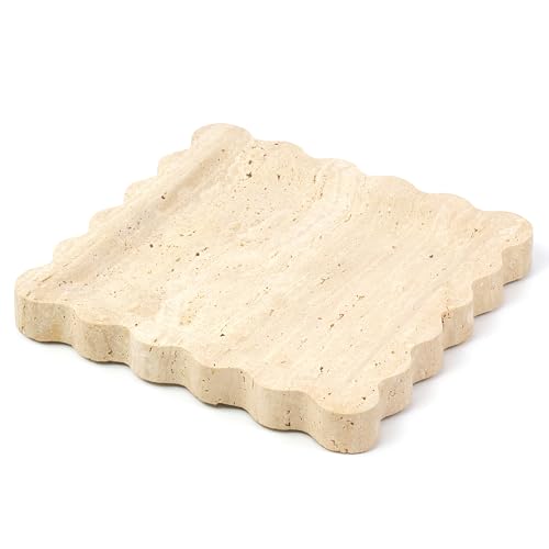 Travertine Marble Tray, Scalloped Stone Coffee Table Tray Decor - 8" | Natural Handcrafted Marble Decorative Tray with Anti-Slip Base. Vintage Square Bathroom Tray for Perfume, Vanity and Kitchen - color: Travertine