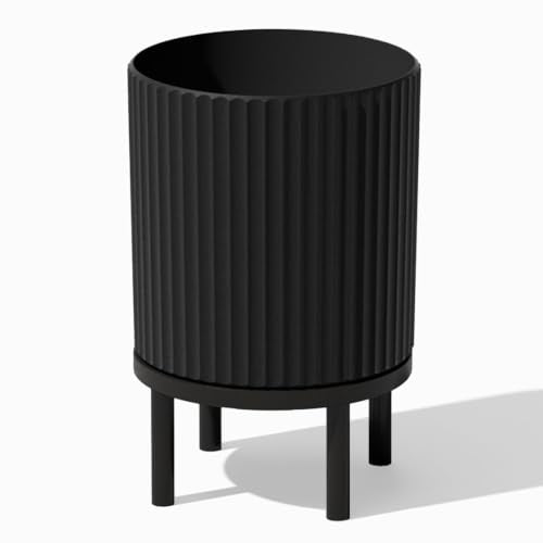 Veradek Demi Series Round Planter w/ Stand for Porch/Patio | Durable Plastic-Concrete & Wooden Stand | Modern Décor for Tall Plants, Flowers - color: Black/Black, size: 16 inch