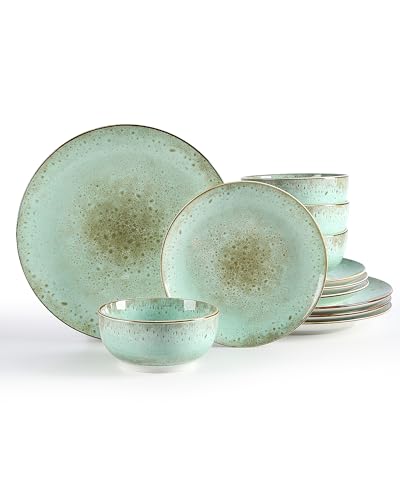 Sweejar Dinnerware Sets Service for 4, 12 pcs Porcelain Plates and Bowls for Kitchen, Housewaring Gift, Chip and Scratch Resistant Dish Set, Handmade Dishwasher and Microwave Safe Plate Set, Green - color: Green, style: Service for 4 (12 Pcs)