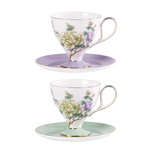 KAMMAK Ceramic Coffee Cups Saucers Set of 2, Porcelain Espresso Cups with Saucers, 8.12 oz Handcrafted Elegant Bone China Tea Cups, Purple Purple & Mint Green Flower Teacup for Party, Office, Gift - color: Green Jade + Purple Blossom