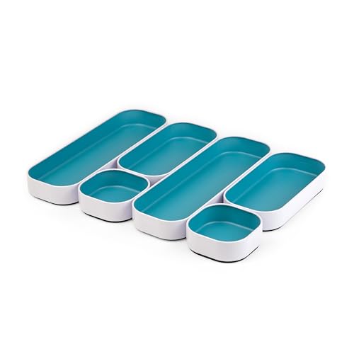 Three by Three Seattle Metal Stacking Bins Drawer Organizer, 6-Pc (Sky) | Food-safe stackable metal bins; customize your drawer layout; great for kitchen, bathroom, vanity & office drawers - color: Sky Blue, size: 6 Pack