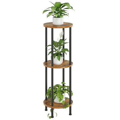 HOOBRO Plant Stand Indoor, 3 Tier 35.2" Tall Small Plant Shelf, Round Potted Holder Rack, Modern Flower Stand for Living Room Balcony Garden, Rustic Brown and Black BF13HJ01