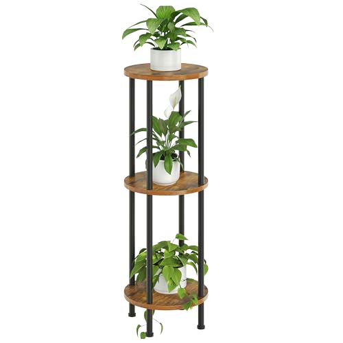HOOBRO Plant Stand Indoor, 3 Tier 35.2" Tall Small Plant Shelf, Round Potted Holder Rack, Modern Flower Stand for Living Room Balcony Garden, Rustic Brown and Black BF13HJ01