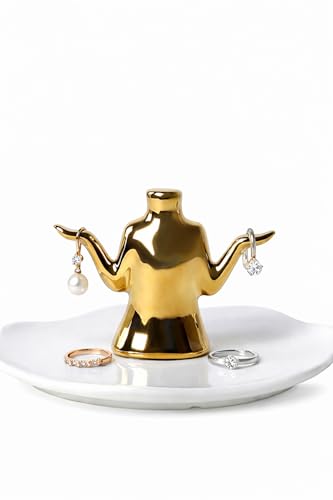 Gold Jewelry Holder with Tray – Ceramic Ring Dish, Earring Stand, Necklace & Bracelet Organizer – Decorative Trinket Dish Jewelry Organizer for Vanity, Dresser, or Nightstand - color: White&Gold