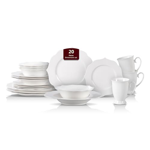 HomeVss, New Bone China Dinnerware Set, Embossed Lotus Design, 20pc Set - color: Lotus, size: Service for 4 - 20pc Set