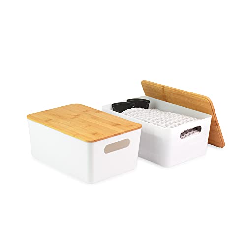 Isaac Jacobs 2PK Medium White Storage Bins w/Cut-Out Handles and Bamboo Lid | Plastic Organizers for Home, Pantry, Kitchen, Closet, Office, Home Decor, BPA Free, Food Safe (Medium, White) - color: White, size: Medium