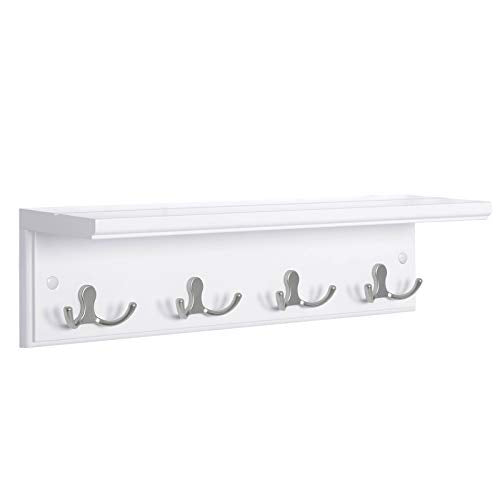 SONGMICS Entryway Hanging Coat Rack, Wall-Mounted Wooden Shelf, with 4 Double Hooks, Wall Floating Shelf, White ULHR42WT - color: White, size: 1 Pack-4 Hooks, style: With Shelf
