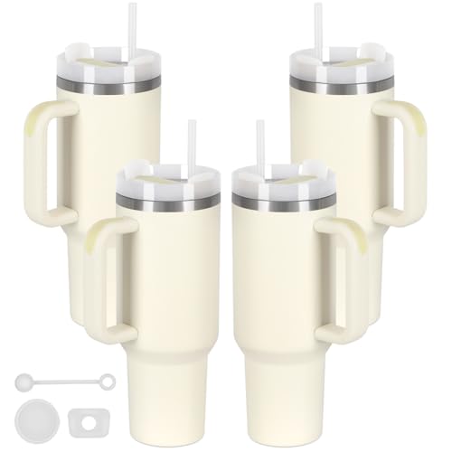 4 Pack 40 Oz Tumbler with Handle Bulk, Double Wall Vacuum Insulated Stainless Steel Tumbler with Lid and Straw, 40 oz cup with Silicone Spill Proof Stopper Set (Cream) - color: Cream