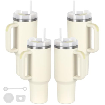 4 Pack 40 Oz Tumbler with Handle Bulk, Double Wall Vacuum Insulated Stainless Steel Tumbler with Lid and Straw, 40 oz cup with Silicone Spill Proof Stopper Set (Cream) - color: Cream