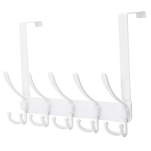 Over The Door Hook Hanger - Fits 1 3/8" to 1 3/4" Standard Doors | 5 Tri Hooks Heavy Duty Towel/Coat Rack | Door Organizer for Clothes, Jackets, Hats, Towels, White - color: White
