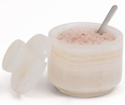 3" Marble Salt Cellar with Lid & Spoon White Onyx Flaky Salt Box, Sugar Jar, and Spice Storage Container for Kitchen Countertop, Ideal Gift for New Home - color: White Onyx