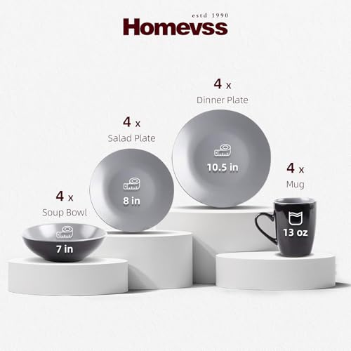 Stoneware Two-Tone Colors Life 16pc Dinner Set, Outside Shiny Black + Insdie Matte Glaze Light Grey - color: Light Grey, size: 16pc Set