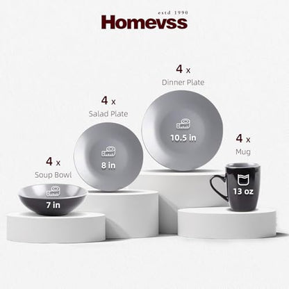 Stoneware Two-Tone Colors Life 16pc Dinner Set, Outside Shiny Black + Insdie Matte Glaze Light Grey - color: Light Grey, size: 16pc Set