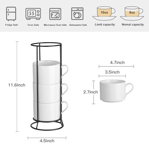 10oz Stackable Coffee Mugs Set of 4 with Stand | White Ceramic Coffee Cups Set for Cappuccino, Latte, Tea, Milk, Housewarming Gift - color: White