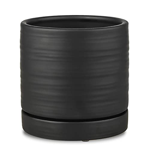 HERDUK 6 Inch Plant Pots, Ceramic Planter Pot with Drainage Hole & Saucer, Indoor/Outdoor Cylinder Round Planter Pot, Matte Black - color: Matte Black, size: 6 Inch