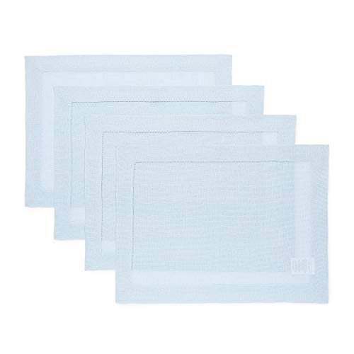 Solino Home 100% Pure Linen Placemats Blue Hemstitch, 14 x 19 in, Set of 4 | Classic Hemstitch Linen Place Mats place settings for daily dining, hand hemstitched borders, Light Blue, OEKO-TEX Certified - color: 07: Light Blue, size: 14" X 19" (Set of 4)