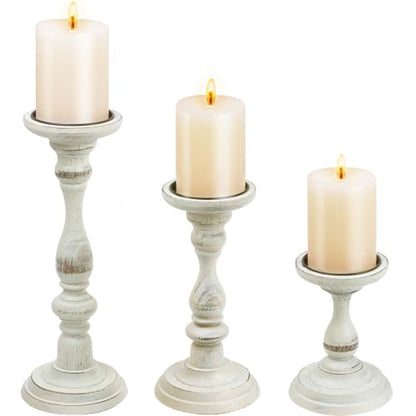 Rustic Distressed Wooden Candle Holder Set of 3 for Pillar Candles, Farmhouse Wood Candle Stands for Table Centerpieces & Living Room Home Decor (Rubber Wood(Distressed White))