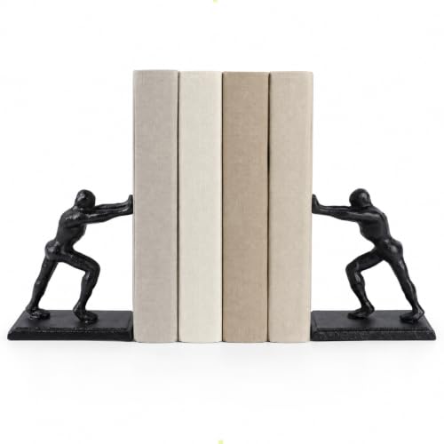Notakia Man Decorative Vintage Cast Iron Bookends, Heavy Duty Decorative Book Ends for Shelves and Desk, Unique Antique Black Pushing Person Shape Book Holders, Cute Office and Home Decor