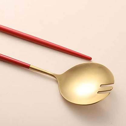 Salad Servers,Spoon and Fork Set 11.41 inch,18/10 Stainless Steel Salad Serving Titanium Plating (Red gold) - color: Red/Gold