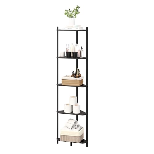 Corner Shelf Stand - 5 Tier Bamboo Small Corner Bookshelf for Office Kitchen Bedroom Plant Stand Living Room Decor Small Space (Black, 5 Tier) - color: Black, size: 5 Tier