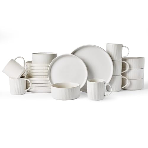 Famiware Star Dinnerware Sets with Mugs, Ceramic Plates and Bowls Set for 6 | 24-Piece Stoneware Ribbed Dishes. Chip & Scratch Resistant. Microwave & Dishwasher Safe, Everyday Formal Dining, Matte White - color: Matte White, size: Service for 6 with Mugs