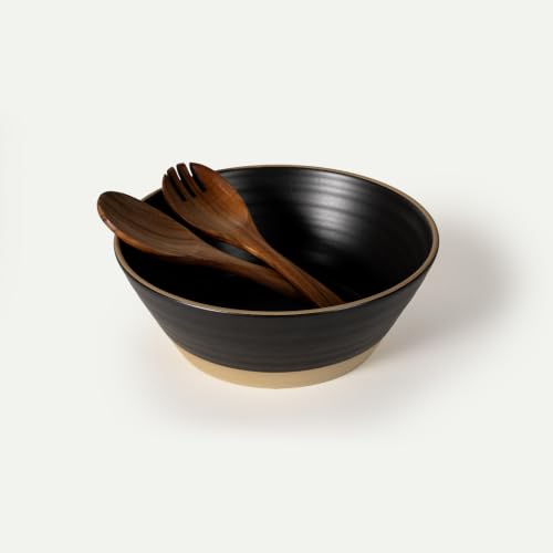Mora Giant Salad Bowl Set with Wood Salad Servers, 4 qt Large Ceramic Serving Bowl for Salad, Pasta & Fruit, Microwave, Oven and Dishwasher Safe - Night - color: Night