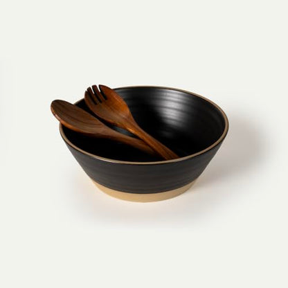 Mora Giant Salad Bowl Set with Wood Salad Servers, 4 qt Large Ceramic Serving Bowl for Salad, Pasta & Fruit, Microwave, Oven and Dishwasher Safe - Night - color: Night