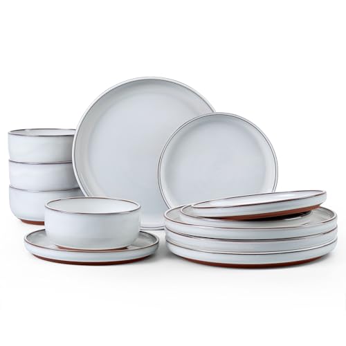 E-far Stoneware Dinnerware Sets for 4, 12 Pieces Reactive Glaze Plates and Bowls Sets, Elegant Dishes with Rustic Terracotta Base, Dishwasher & Microwave Safe, Scratch Resistant, Glacier White - color: Glacier White, size: Service for 4